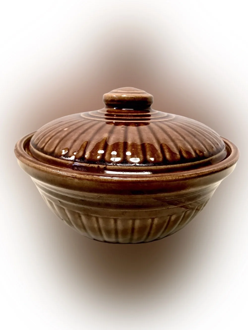 McCoy USA Pottery Vintage 1960’s Brown Glazed Ribbed Covered Casserole Bean Pot